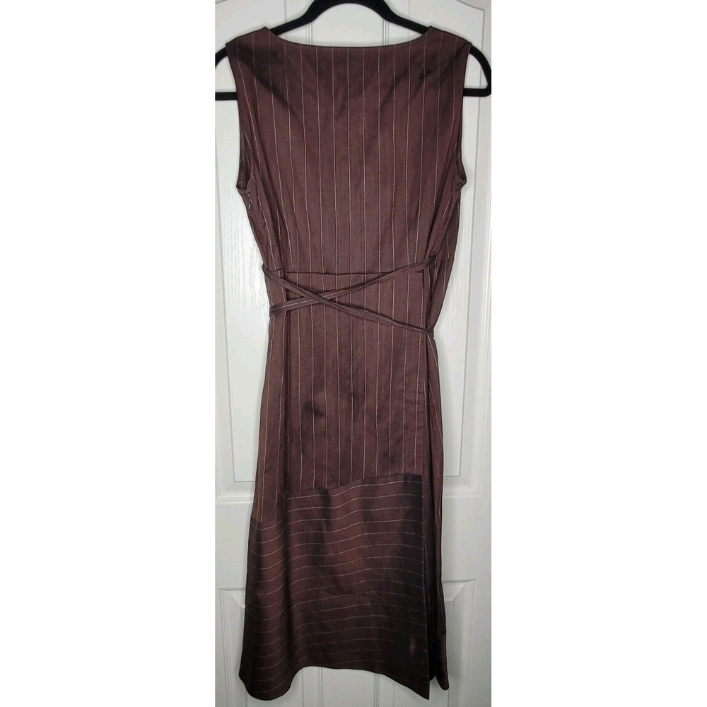 Charivarie L Brown Striped Wrap Dress Sleeveless Belted Midi V-Neck Woven - Picture 2 of 9